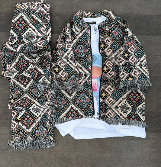 Ensemble Tissé avec Motifs, Détails Frangés
