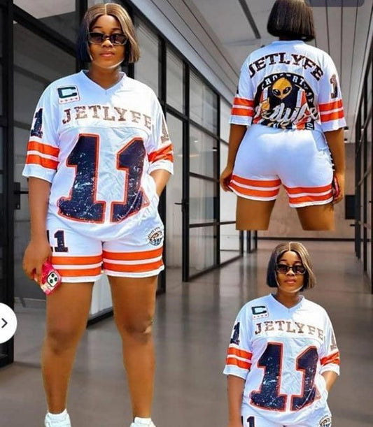Ensemble Streetwear "Jetlyfe" : Short & T-shirt Oversize Style Maillot Sportif - Blanc & Orange